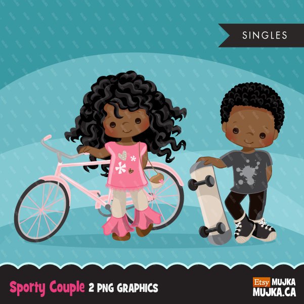 Sports couple girl with bicycle black boy and girl