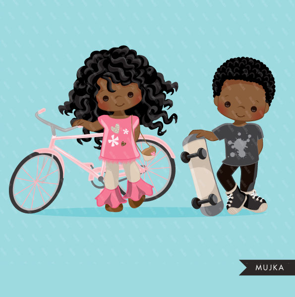 Sports couple girl with bicycle black boy and girl