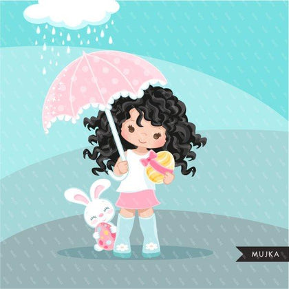 Easter spring clipart egg hunt, dark brunette girl with animal