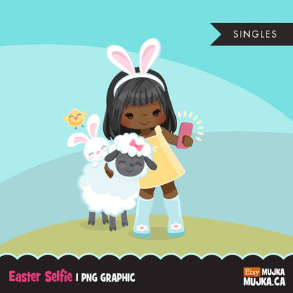 Easter animals spring clipart, black girl