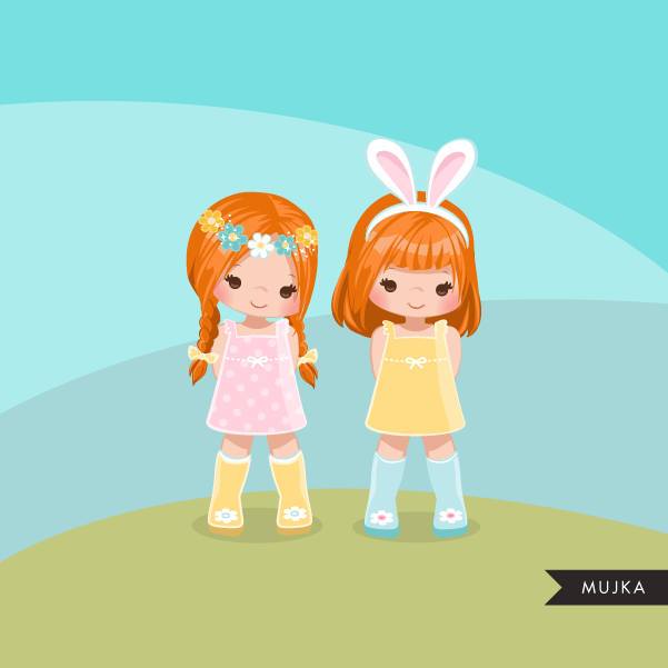Easter spring clipart, 2 red blonde girl friends