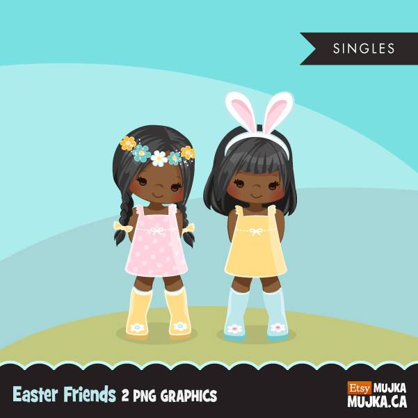 Easter spring clipart. Little black girls with Bunny ears