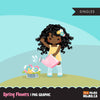 Spring flowers Easter clipart, black girl