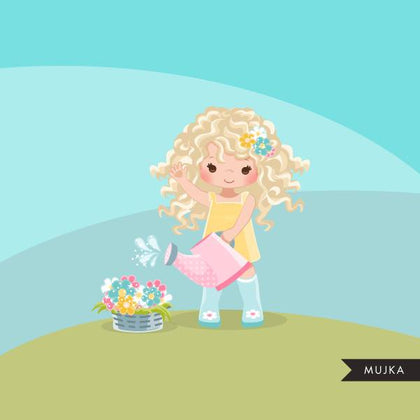 Spring flowers Easter clipart, blonde girl