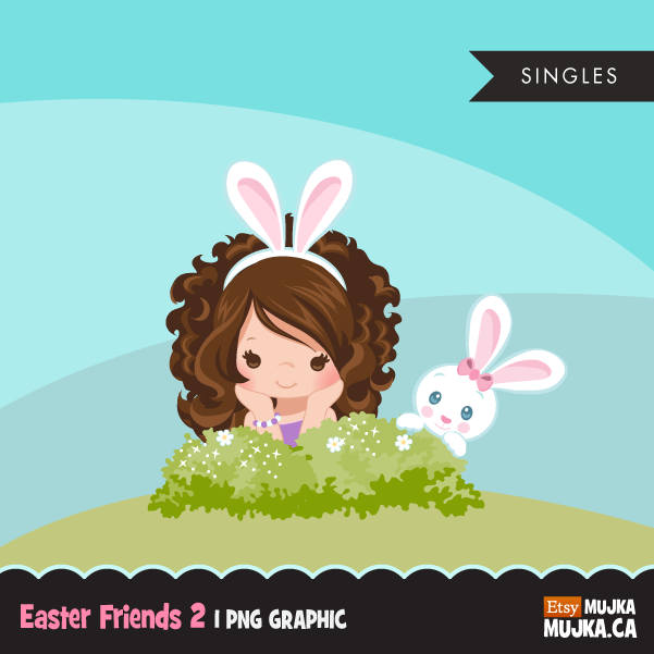 Easter bunny clipart, cute brunette girl with animal graphics