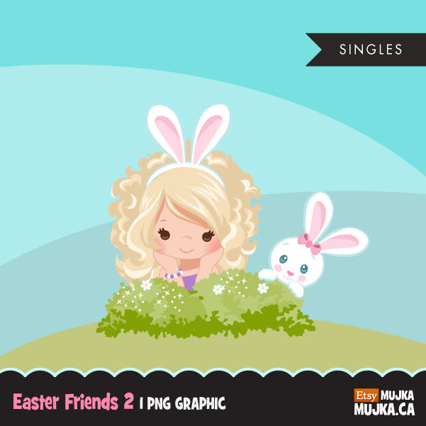 Easter bunny clipart, blonde girl sitting with animal graphic