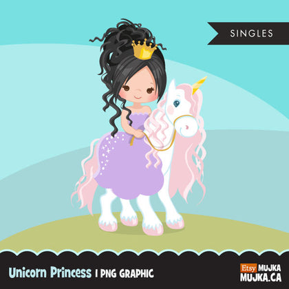 Unicorn princess clipart, dark brunette riding animal