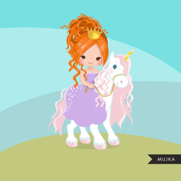 Unicorn princess clipart, red blonde riding animal