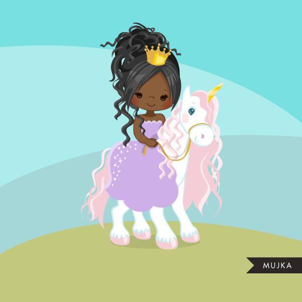 Unicorn princess clipart, black girl on animal