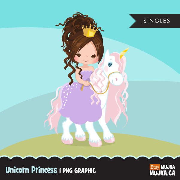 Unicorn princess clipart, brunette girl riding animal
