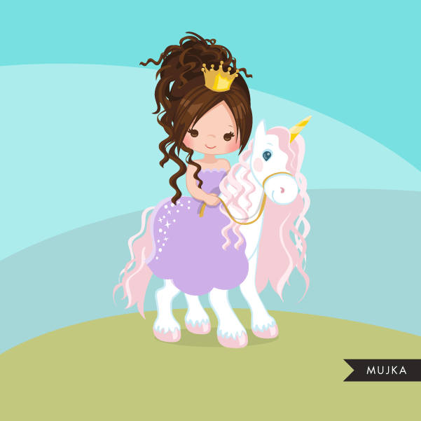 Unicorn princess clipart, brunette girl riding animal