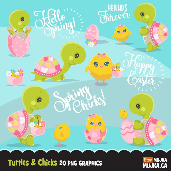Easter Turtle and Chicks clipart, cute animal graphics