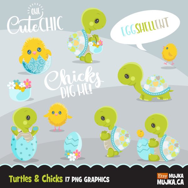 Easter Turtle and Chicks clipart, Cute animal graphics