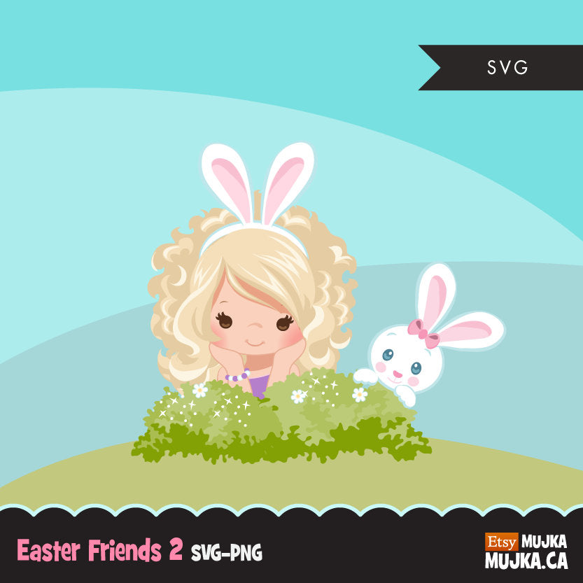 Easter SVG cutting file, bunny clipart,blonde girl with animal graphic, spring time