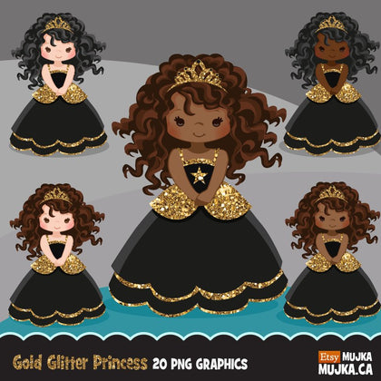 Gold glitter princess, black girl clipart