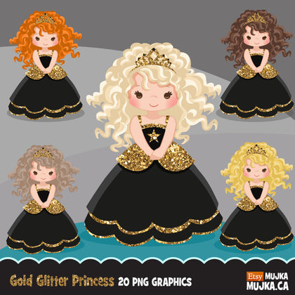 Gold glitter princess, black girl clipart