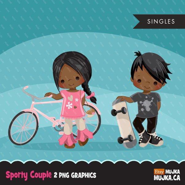 Black Sports couple girl with bicycle and boy with skateboard