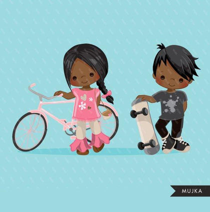Black Sports couple girl with bicycle and boy with skateboard