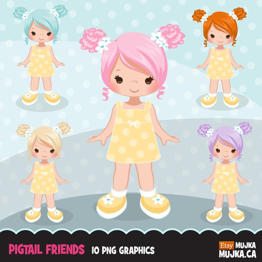 Little girl clipart graphics, pigtail friends