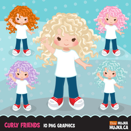 Little girl clipart graphics, curly haired friends