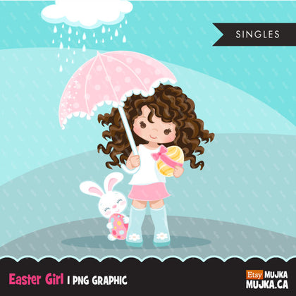 Easter spring clipart egg hunt, brunette girl with animal