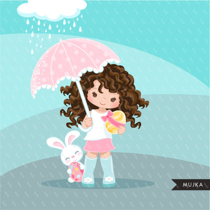 Easter spring clipart egg hunt, brunette girl with animal