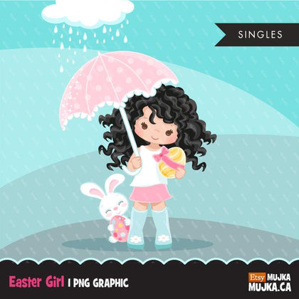 Easter spring clipart egg hunt, dark brunette girl with animal