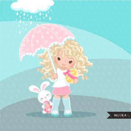 Easter spring clipart egg hunt, blonde girl with animal graphic