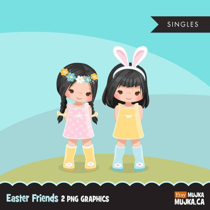 Easter spring clipart, dark brunette girl friends