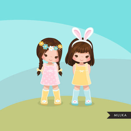 Easter spring clipart, dark brunette girl friends