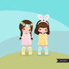 Easter spring clipart, dark brunette girl friends