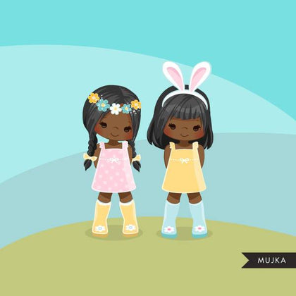Easter spring clipart. Little black girls with Bunny ears