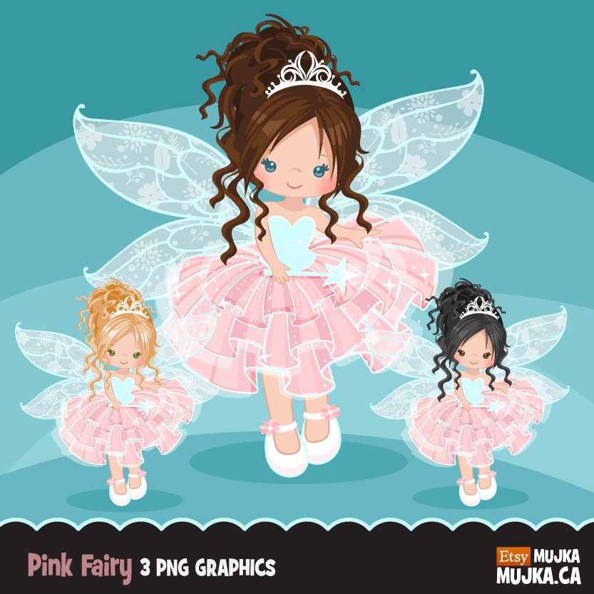 Pink Fairy clipart, girl with curly hair