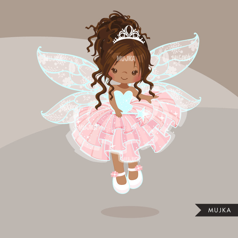 Pink Fairy clipart, black girl character