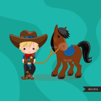 Cowboy Clipart. Wild West Cute Cow boy Clipart- Red & Blue