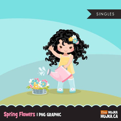 Spring flowers Easter clipart, dark brunette girl