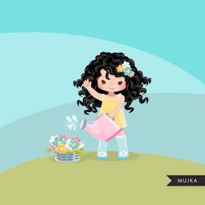 Spring flowers Easter clipart, dark brunette girl