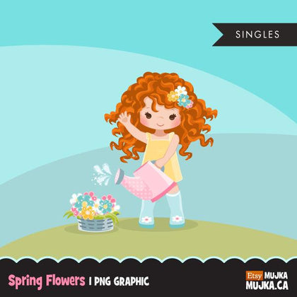 Spring flowers Easter clipart, Red blonde girl
