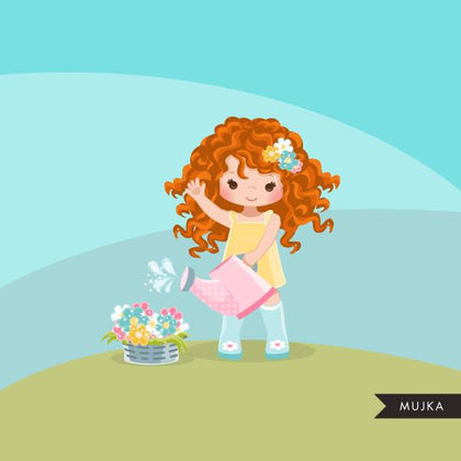 Spring flowers Easter clipart, Red blonde girl