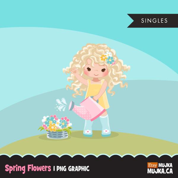 Spring flowers Easter clipart, blonde girl