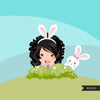 Easter bunny clipart, Dark brunette girl with animal