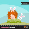 Easter bunny clipart, red blonde girl sitting with animal graphic