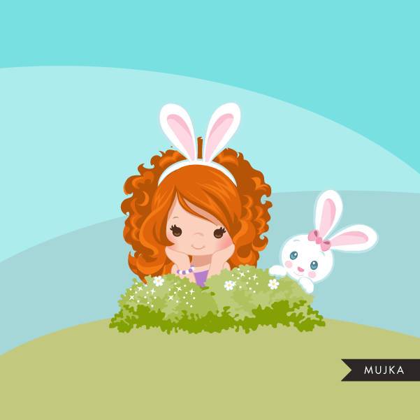 Easter bunny clipart, red blonde girl sitting with animal graphic