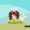 Easter bunny clipart, cute brunette girl with animal graphics