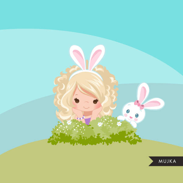 Easter bunny clipart, blonde girl sitting with animal graphic