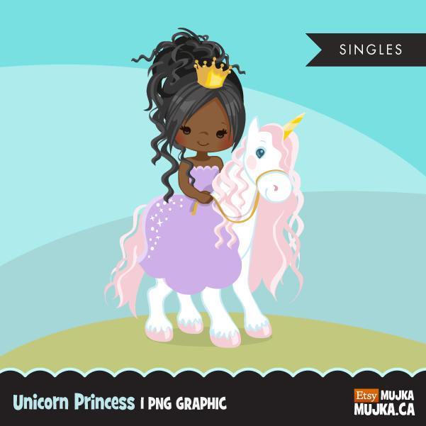 Unicorn princess clipart, black girl on animal