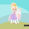 Unicorn princess clipart, blonde girl riding animal