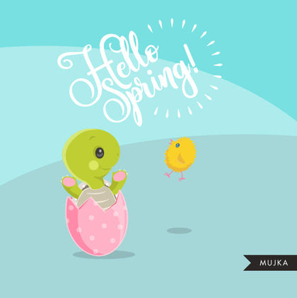 Easter Turtle and Chicks clipart, cute animal graphics
