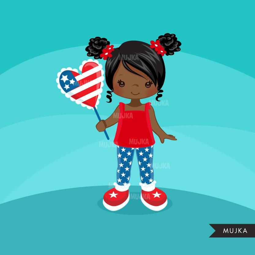 4th of July Clipart. Cute Little Girls with American Flag balloon black girl
