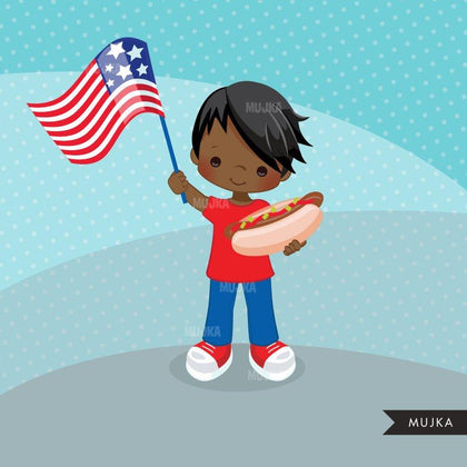 4th of July Clipart. Patriot Boys with hot dog & American Flag black boy